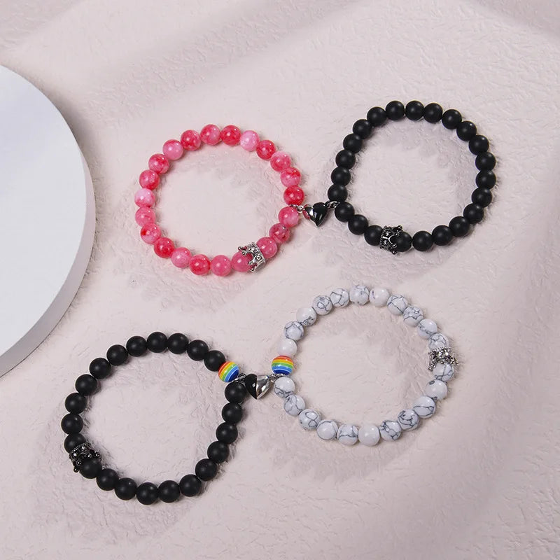 2023 White Turquoise Frosted Stone Magnetic Couple Charm Bracelets Fashion Crown Natural Stone Beaded Bracelet for Men and Women
