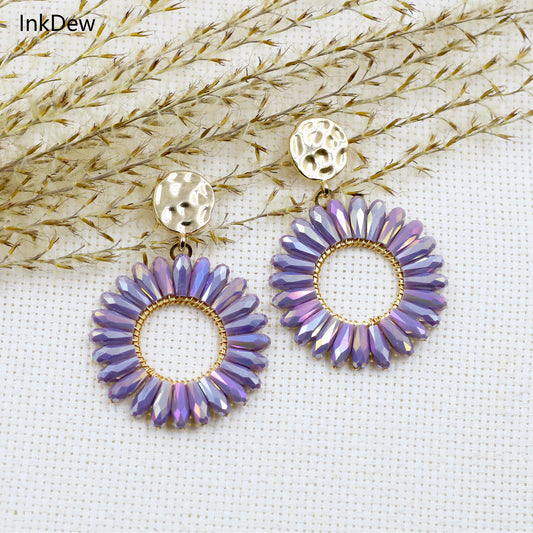INKDEW Sun Flower Round Drop Earrings for Women Big Long Earrings Handmade Crystal Faceted Beads Earrings Jewelry Gift EA113