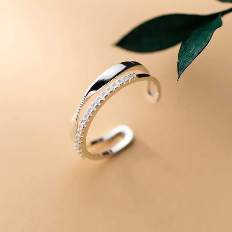 925 Sterling Silver Double Geometry zircon Ring For Women Jewelry Finger Adjustable Open Ring For Party Birthday Gift