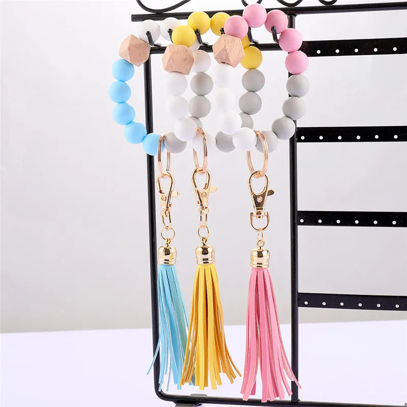 Hemasa  Silicone Wood Beads Keychain Keyring For Women Wristlet Bracelet Pendant Keychain With Jewelry Accessories
