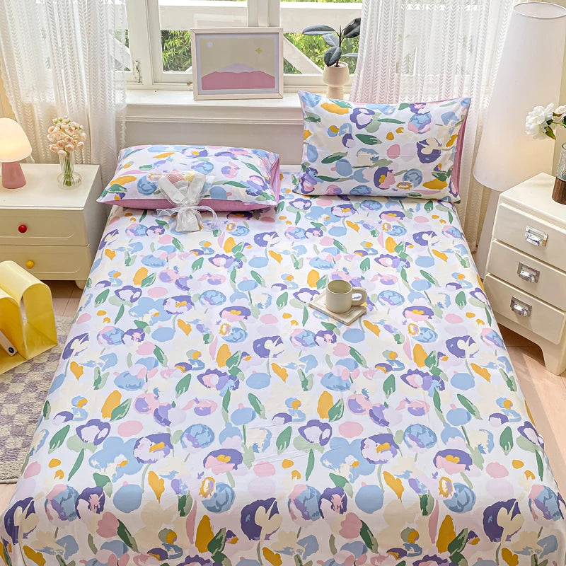 Cotton Fitted Sheet Single Double Queen Size Printed Mattress Cover With Elastic Band Bedsheet Soft Comfortable Fitsheet
