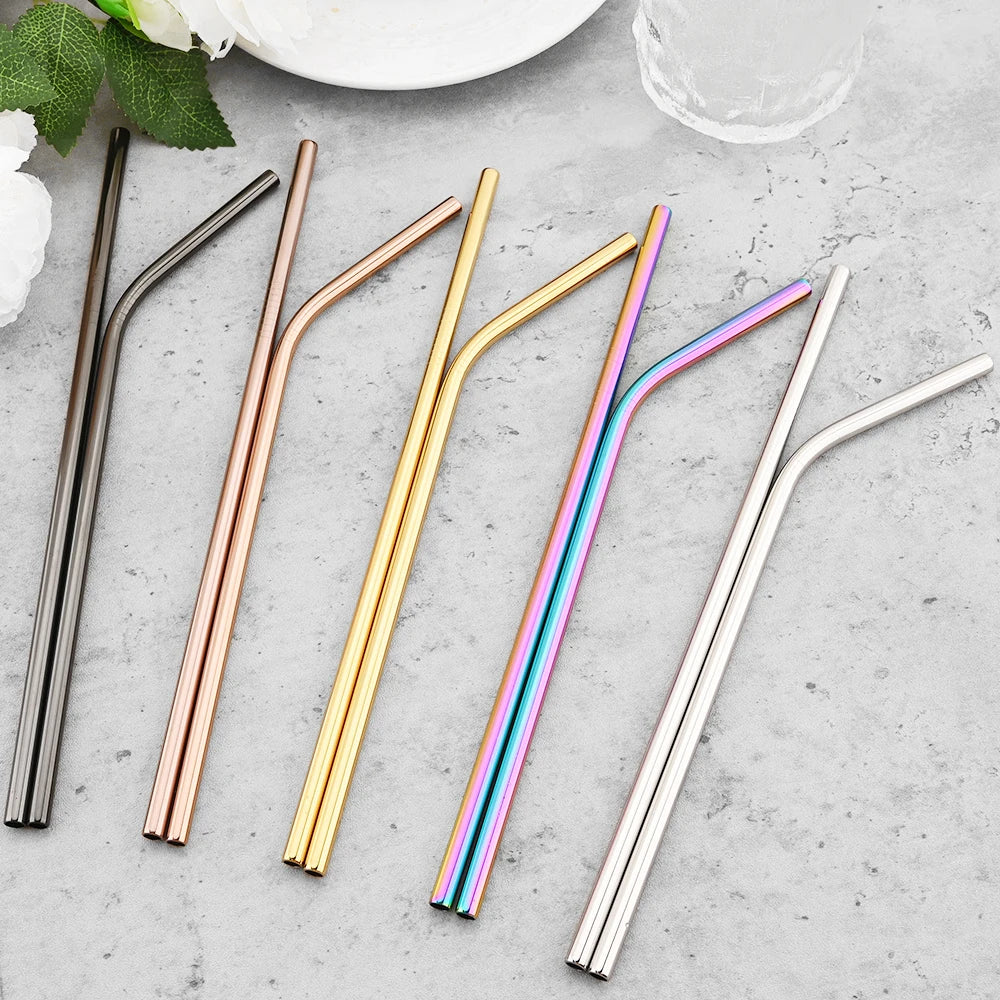 Hemasa 8pcs Stainless Steel Bent Straws Set Reusable Straws for Drinking Fruit Juice Milk Tea Coffee Colorful Straw with Cleaning Brush