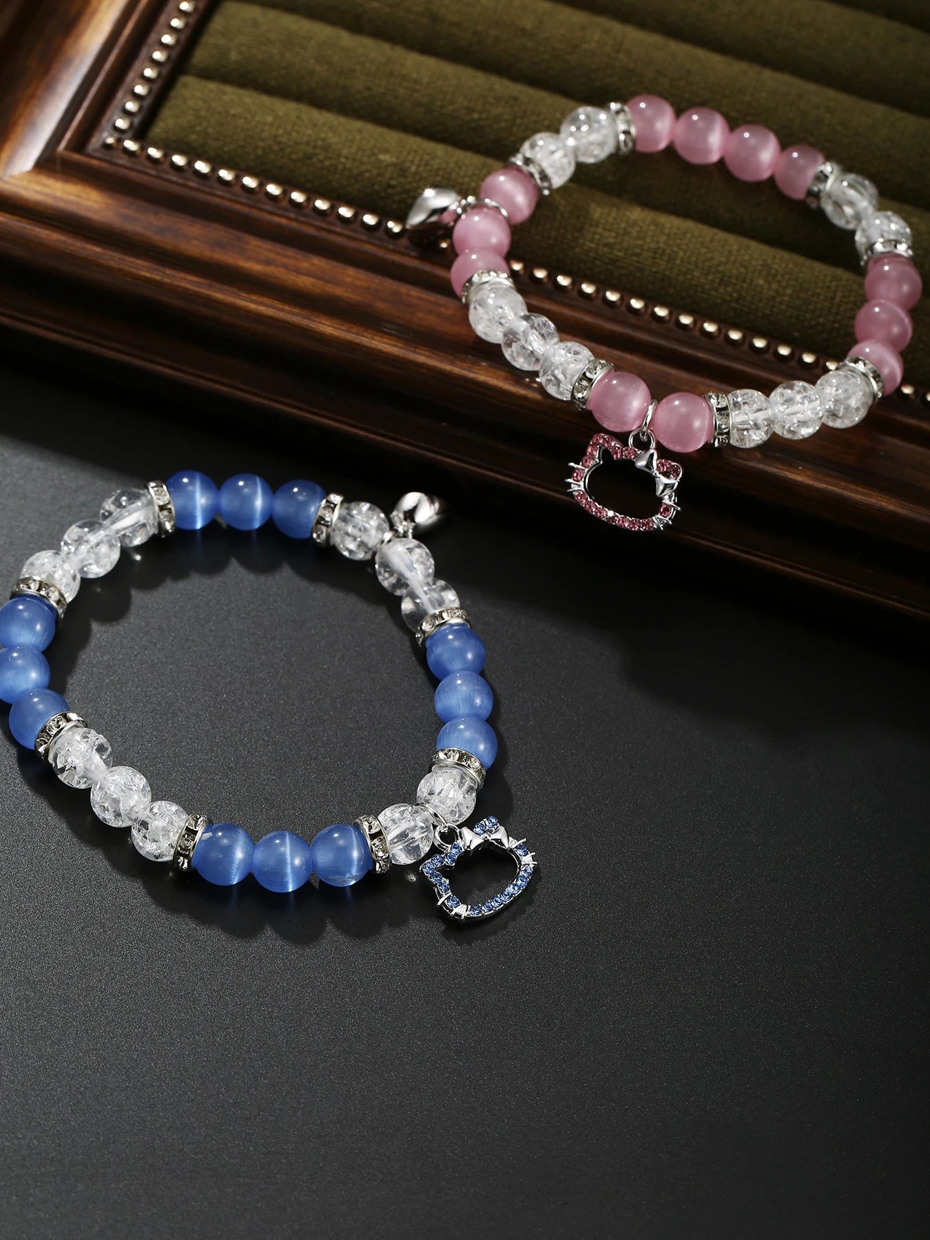 2 Pcs Cute Cartoon Cat natural Cat eyes Stone Lover Bracelets Frenship Bracelets