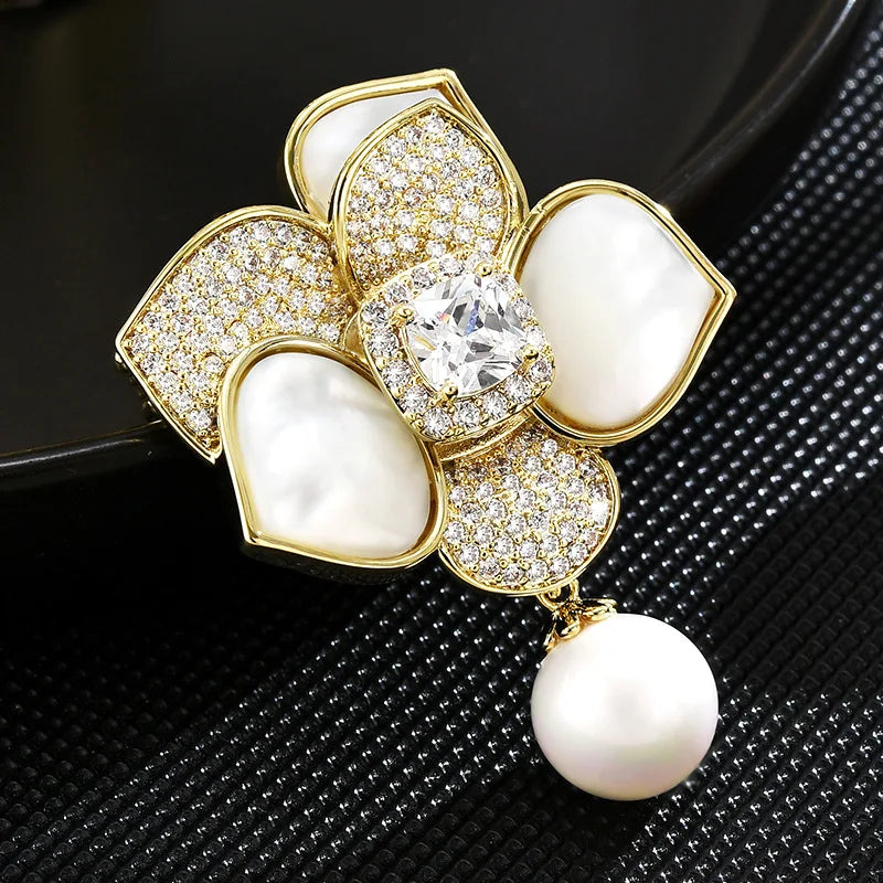 New Korean Style Heavy Industry Natural Shell Camellia Brooch, Luxury Copper Micro-inlaid Flower Pearl Brooch