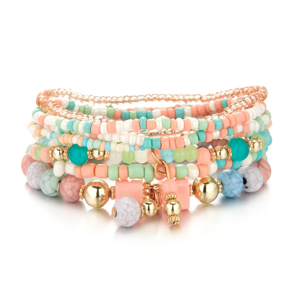 Bohemian Dopamine Colorful Beads Bracelet Set For Women Lady Handmade Elastic Multilayer Bangle Jewelry New Accessories