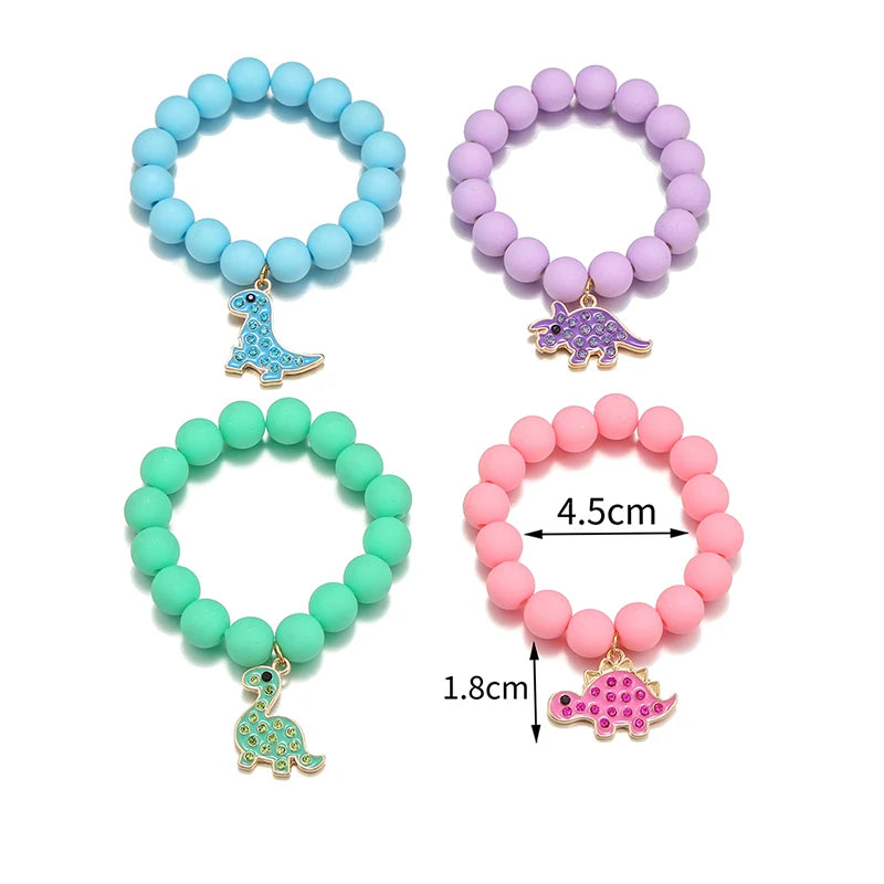 4Pack Cute Cartoon Dinosaur Charm Handmade Elastic Bracelets for Girls Jewelry Gift