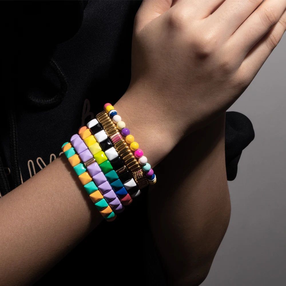 Tejesa Colorful Enamel Square Shape Rhombus Faced Bohemain Geometric Elastic Bracelets For Women