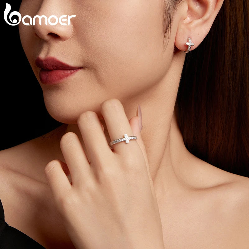 BAMOER Cross Moissanite Ring Stackable Full Eternity Sideways Band Ring D Color VVS1 for Women Engagement Religious Jewelry Gift