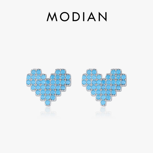 Modian 925 Sterling Silver Vintage Turquoise Stud Earrings for Women Romantic Heart Ear Studs Hypoallergenic Fine Jewelry