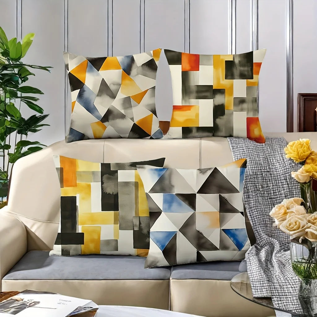 Hemasa 4pcs Retro geometric design Single-sided printing Short plush Suitable for living rooms bedrooms sofas (excluding pillow cores)