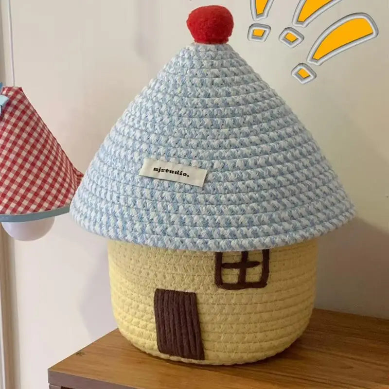 Tejesa Large Capacity  Woven Basket with Lid Cartoon House aped Storage Container Fun Desktop Organizer Basket for Home Use