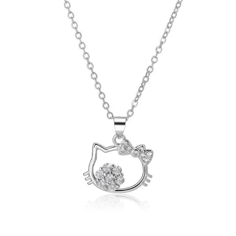 New Kawaii Sanrio Hello Kitty Sparkling Diamond Necklace Cartoon Cute Sexy Clavicle Chain Girl Cute Ring Jewelry Holiday Gifts