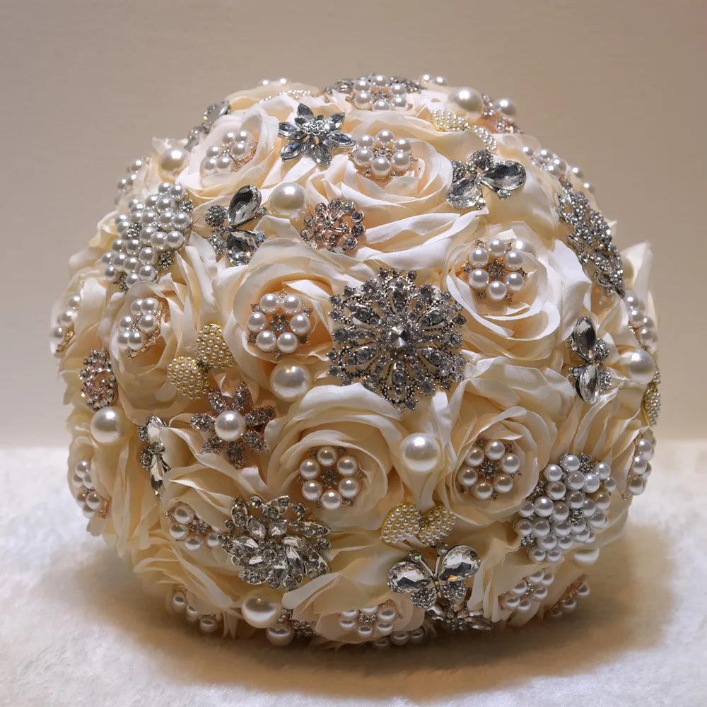 Tejesa Fancy 9.8in Bridal Wedding Bouquet with Crystal Pearl Artificial Silk Rose Flower Bouquet for Bride Wedding