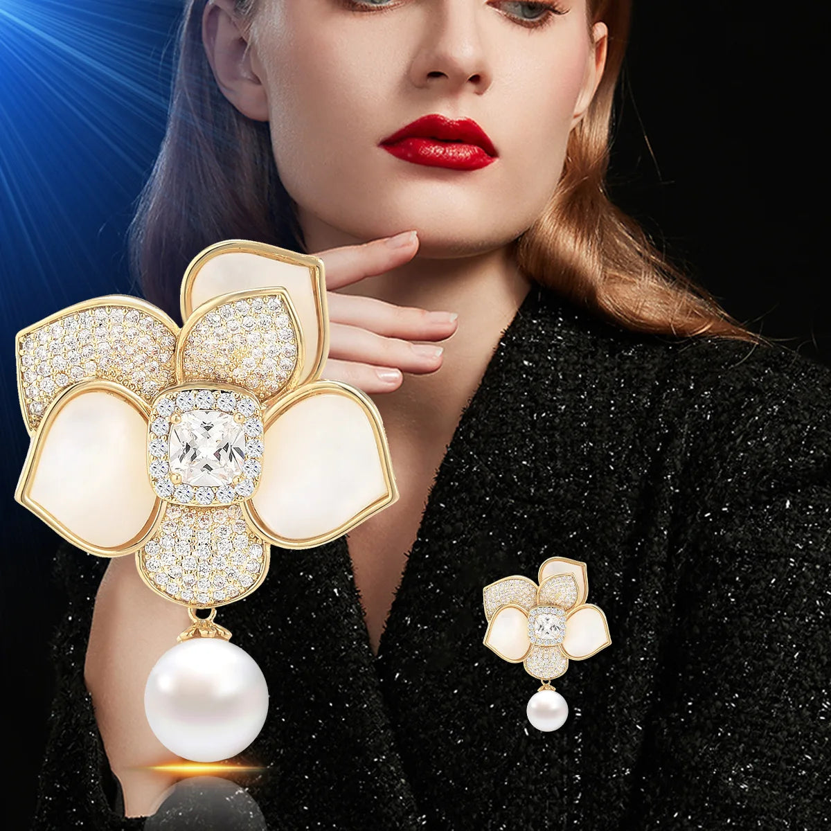 New Korean Style Heavy Industry Natural Shell Camellia Brooch, Luxury Copper Micro-inlaid Flower Pearl Brooch