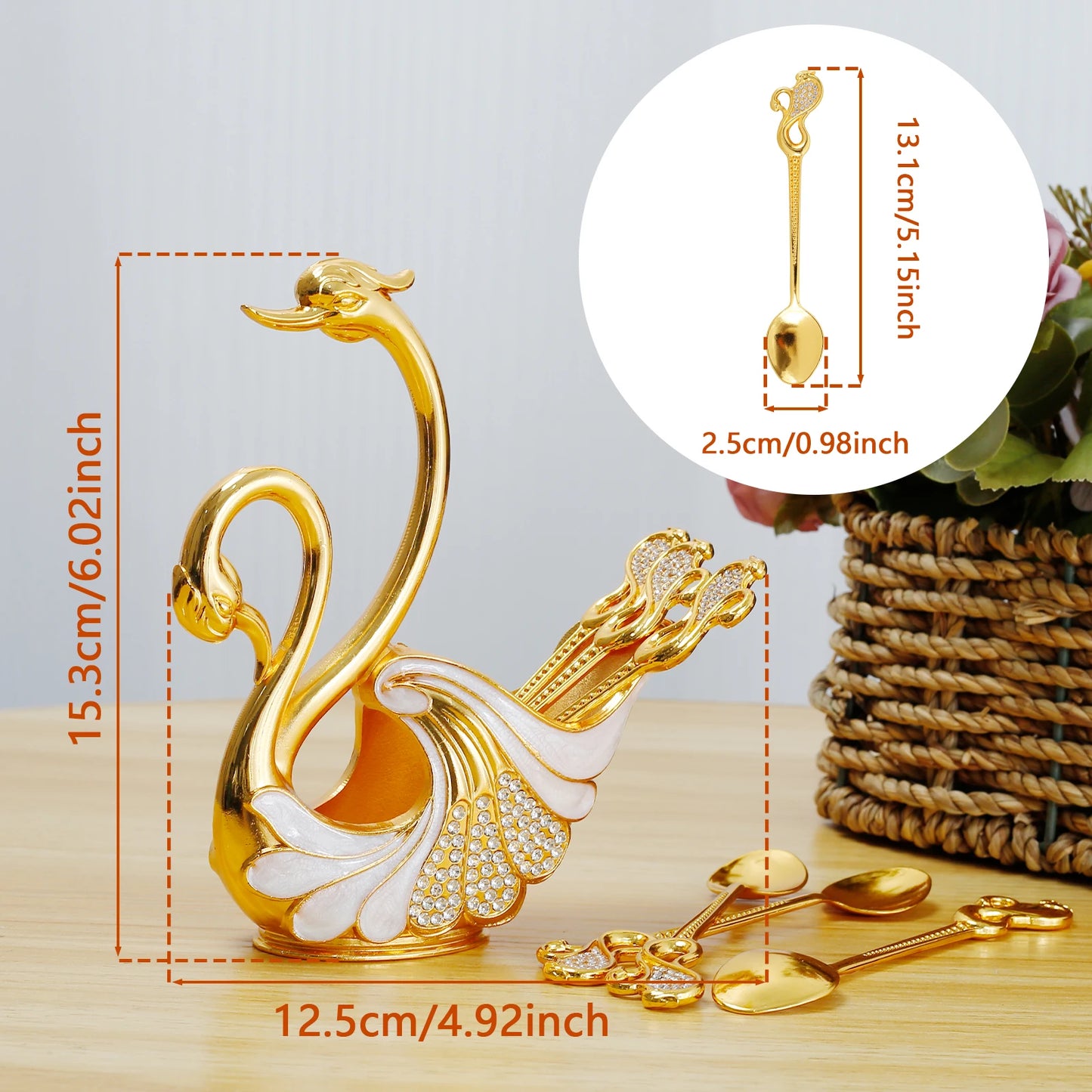 6Pcs Zinc Alloy Teaspoon For Dessert Ice Cream Stirring Coffee Small Spoons with Swan Base Holder Mini Gold Spoon Kitchen Gadget