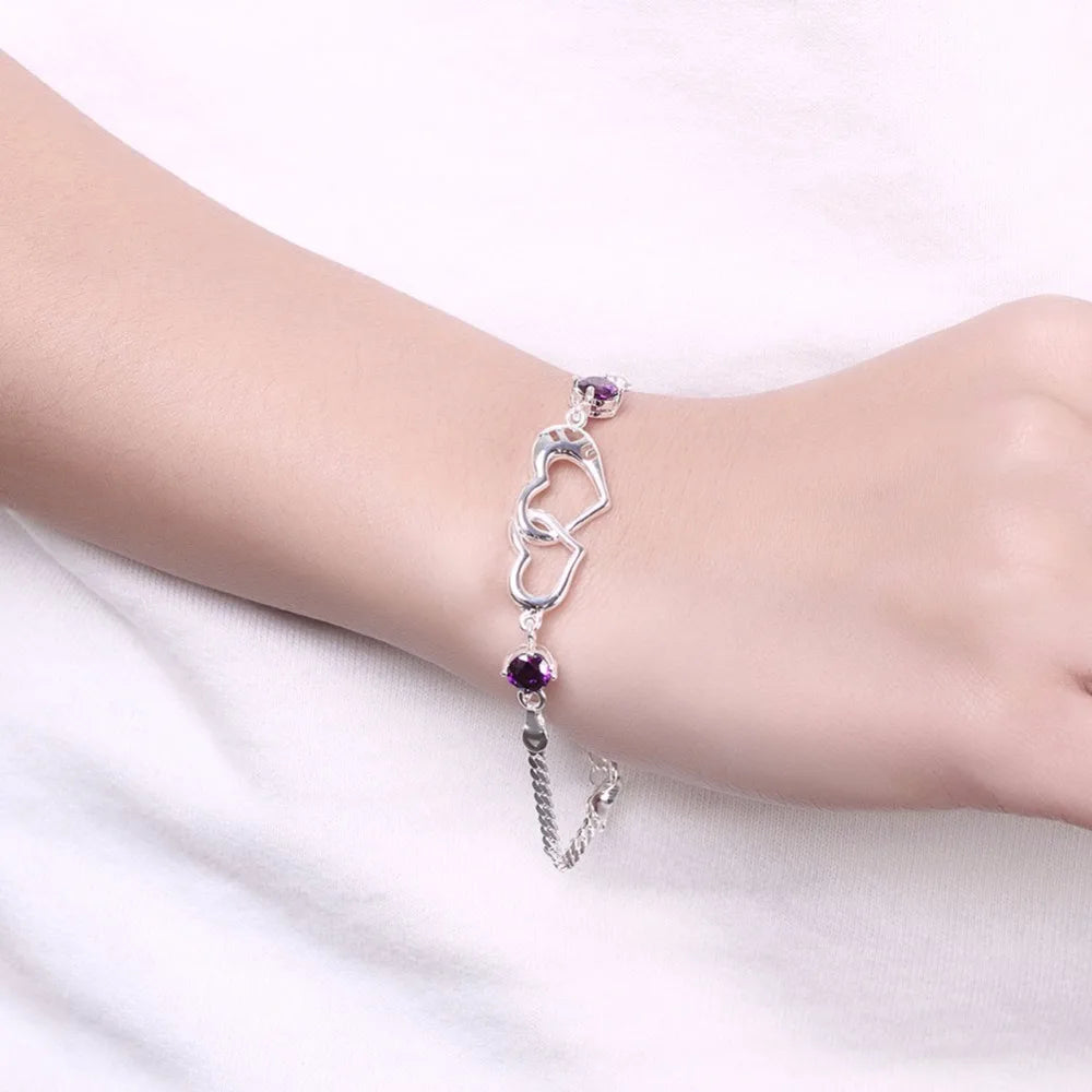 Lekani 925 Sterling Silver Double Heart Charm Bracelet For Women Fine Jewelry Purple Zirconia Pulseras Wedding Gift