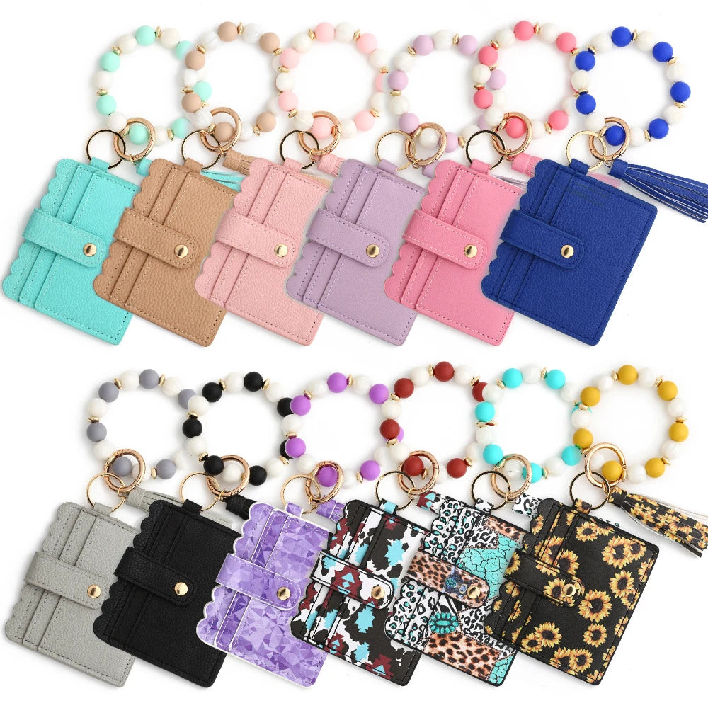 Hemasa Silicone Bead Bracelet  Leather Card Bag Wristlet Keychain Silicone Beaded Bracelet Leather Tassel Wallet Bangle