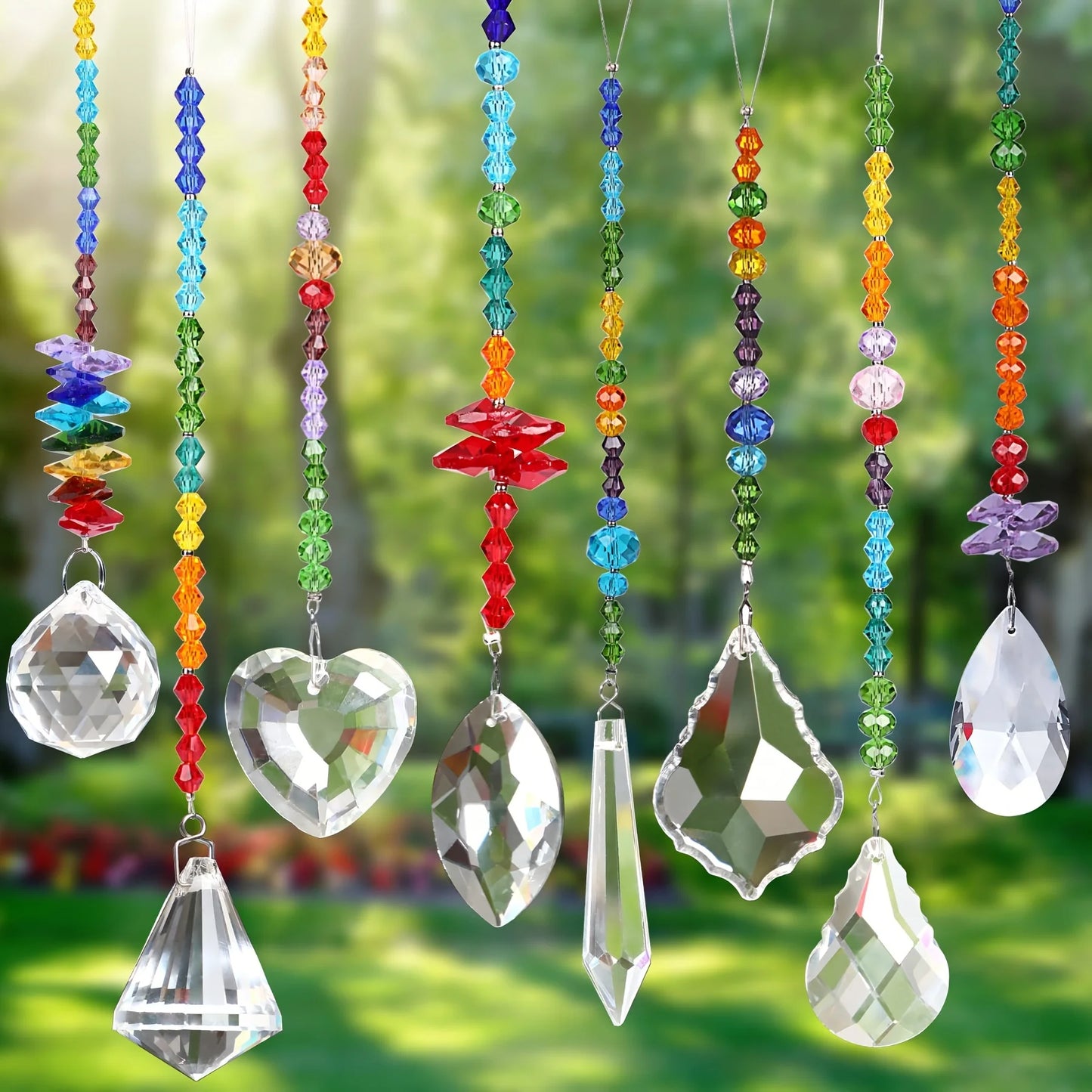 8 Pieces Colorful Crystals Suncatcher Hanging for Window, Rainbow Octogon Chakra Pendants Suncatchers with Crystals Beads Chain