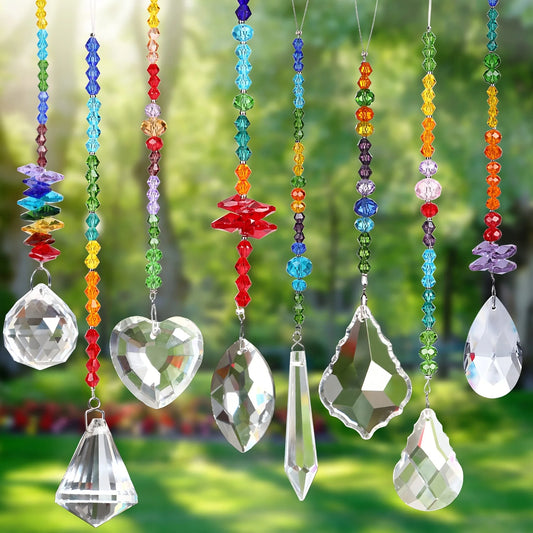 8 Pieces Colorful Crystals Suncatcher Hanging for Window, Rainbow Octogon Chakra Pendants Suncatchers with Crystals Beads Chain