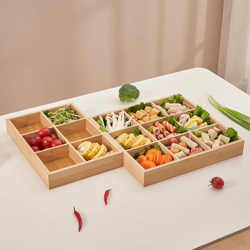 Tejesa Rectangular 6-compartment food tray & square 9 grid wood tableware snack plate sauce platter hot pot restaurant tray