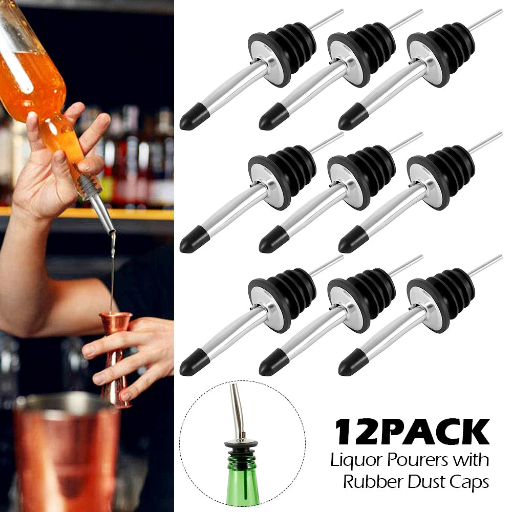 12pcs Stainless Steel Classic Bottle Pourers Tapered Spout Liquor Pourers Flow Wine Bottle Pour Spout Stopper Bar Accessories