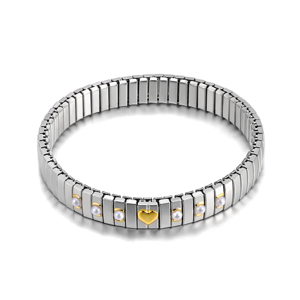 Tejesa Gold Plated Stainless Steel Elasticity Chain Bracelet with Simulated Pearl Heart Design (Color 4)
