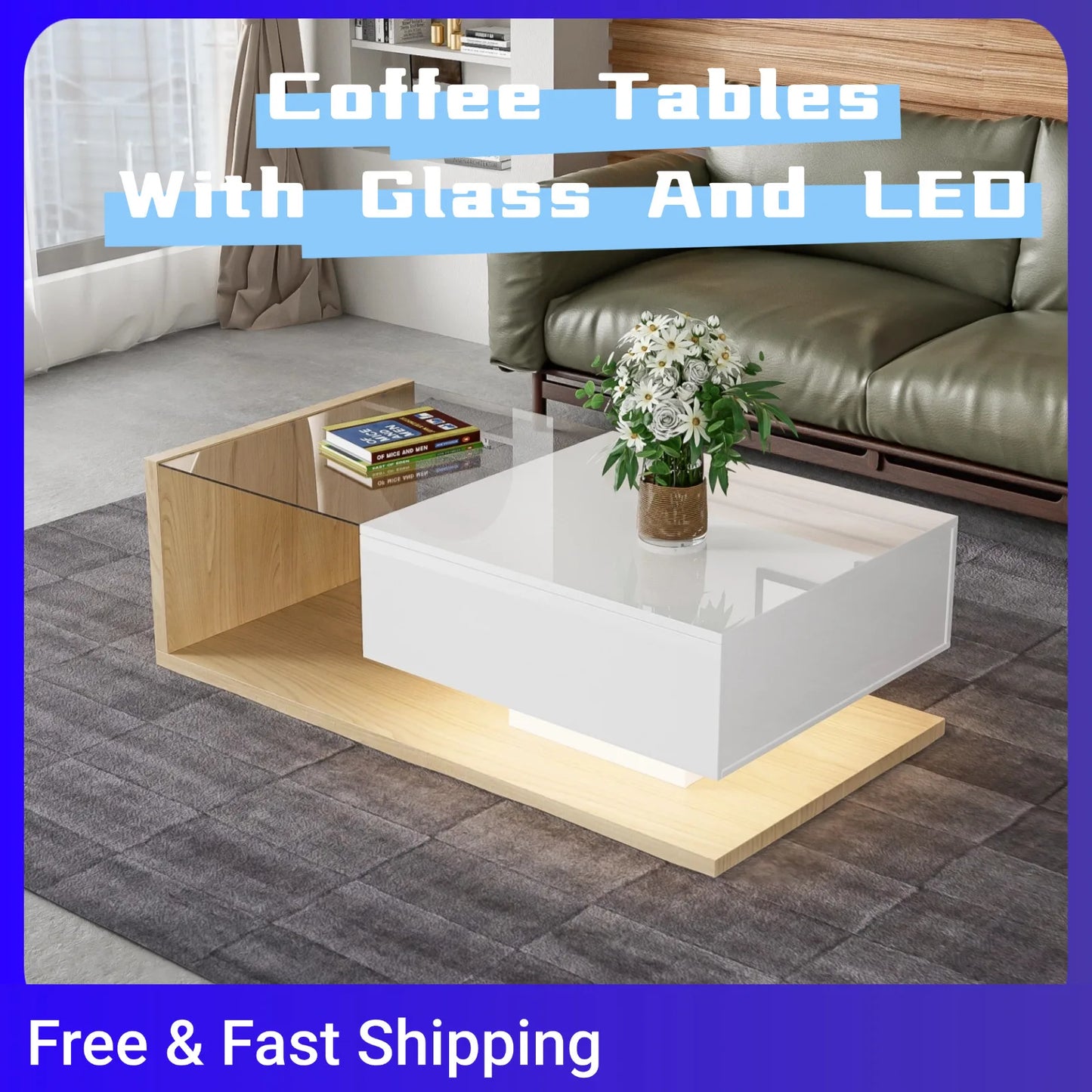 Coffee Tables With Glass And LED Living Room Coffee Table In High Gloss White And Wood Color Combination. Side Tables