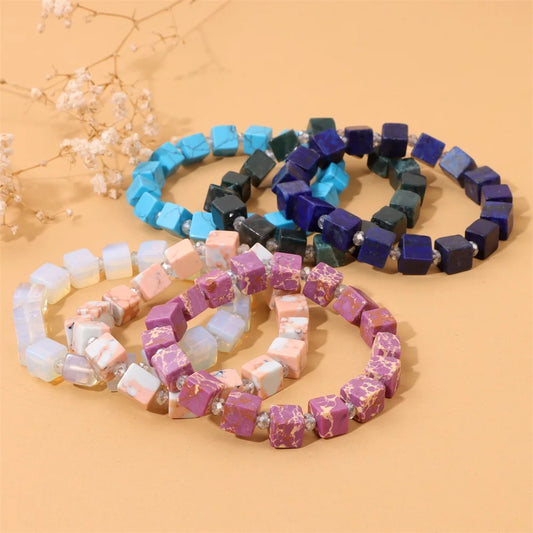 Natural Stone 8mm Square Cube Beads Bracelet Opal Turquoises Imperial Stone Barcelets for Women Men Elastic Bracelet Bangle Gift