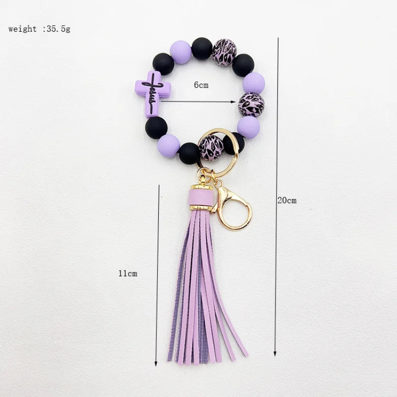 Amazon Hot sell Creative Silicone Beads Hand Stream Wood Big Bead Wrist cross leopard Key Chain bag Pendant Bracelet Keychain