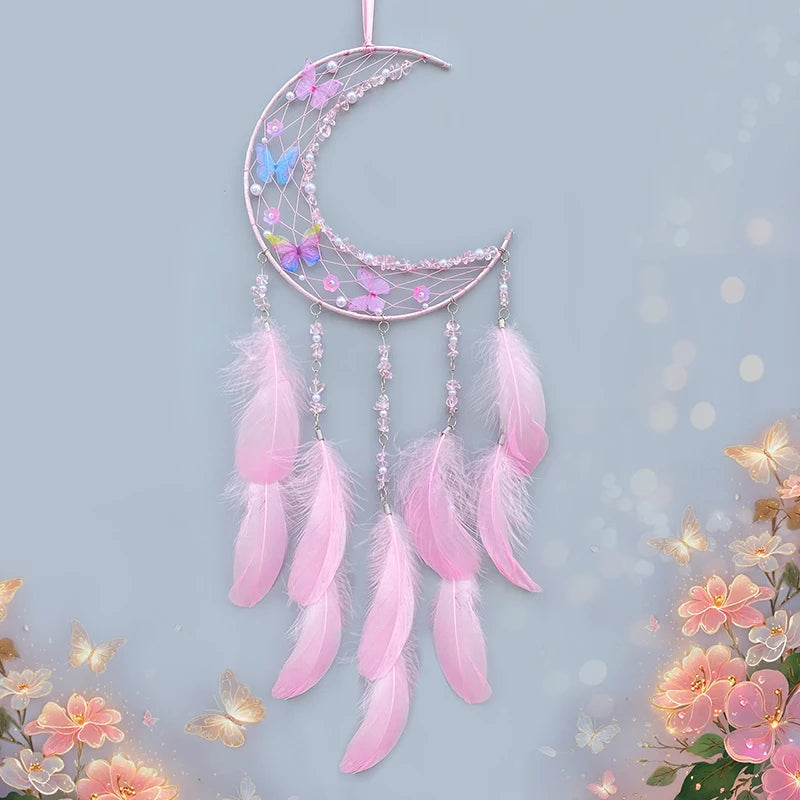 Hemasa  Pink Feather Butterfly Wind Chimes Dream Catcher Handmade Living Room Hanging Ornaments Wall Pendant Festival Party Gifts