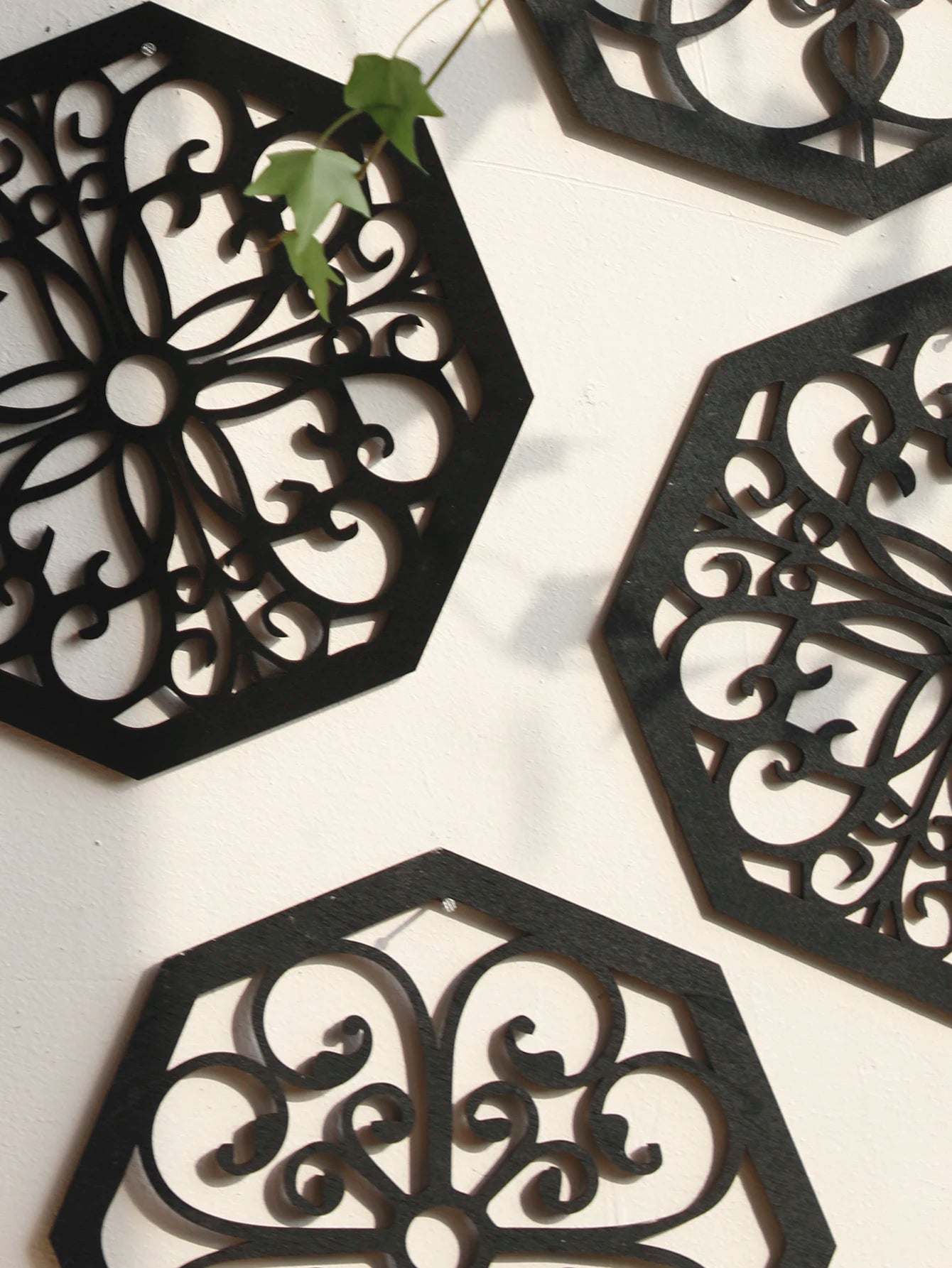 Tejesa 4Pcs Black Wooden Hollow Wall Decor /Boho Home Decoration Hexagon Square Hanging Wall Decor