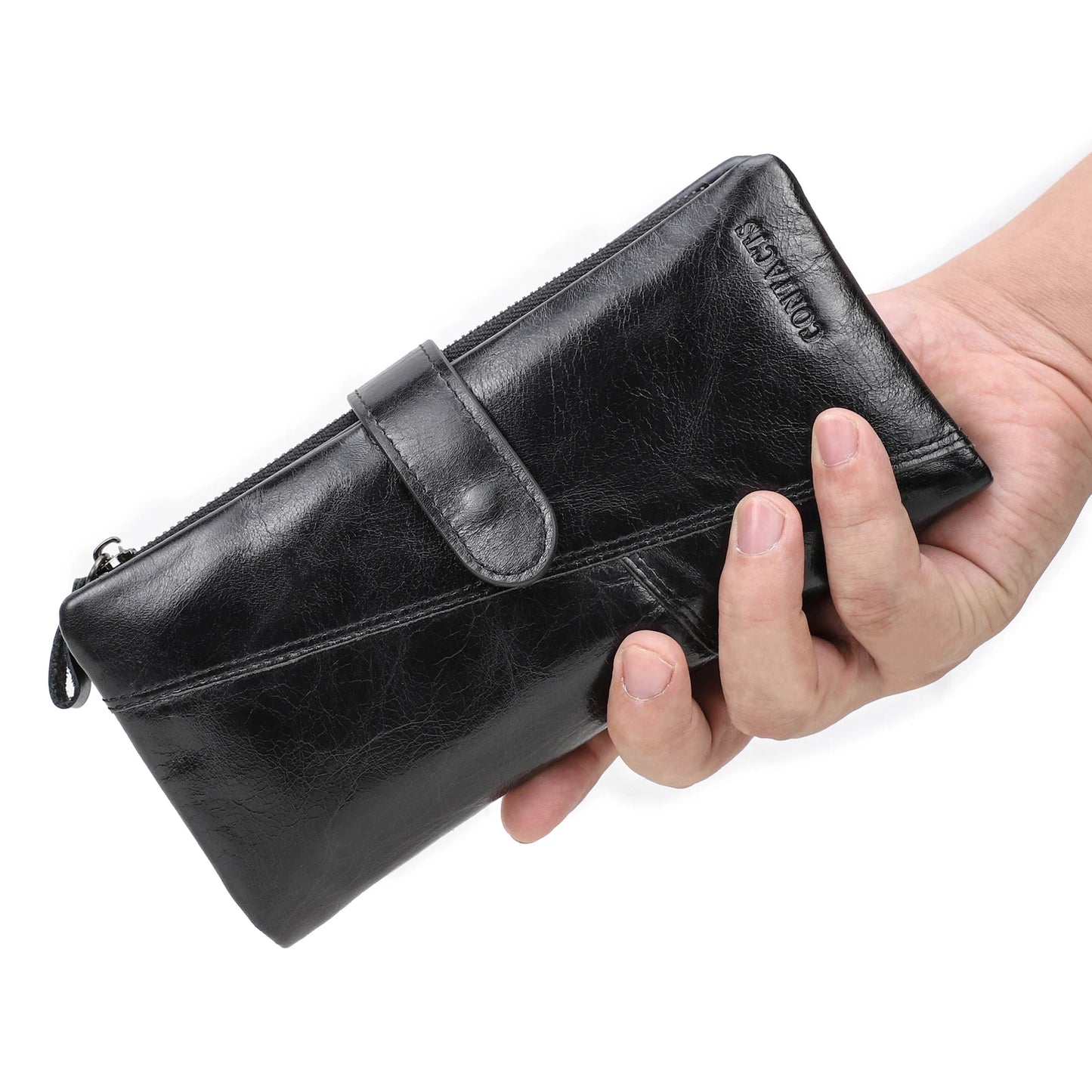 CONTACT'S Genuine Leather Men's Long Wallet With Phone Bag Zipper Coin Pocket Purse Male Clutch Wallets For Men Portfel Small