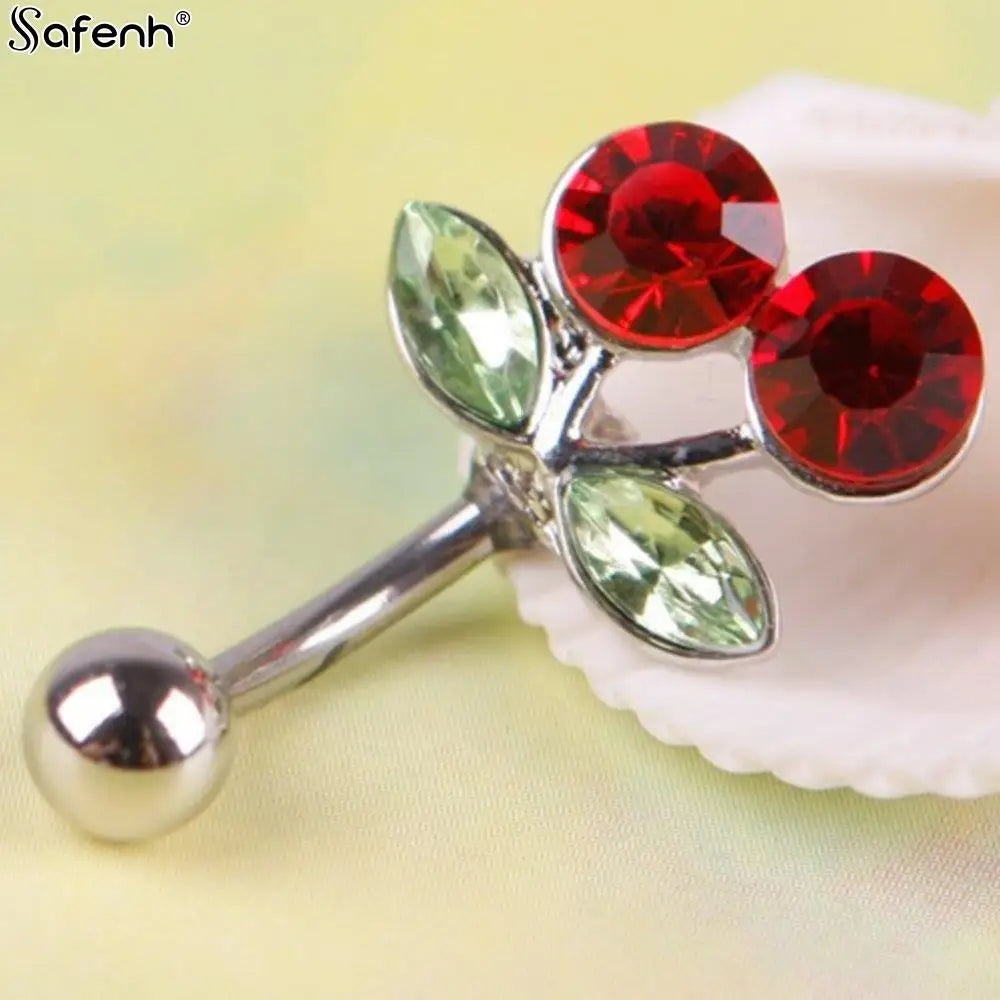 2Syles New Stainless Steel Rhinestone Red Cherry Navel Barbell Belly Button Ring Body Piercing