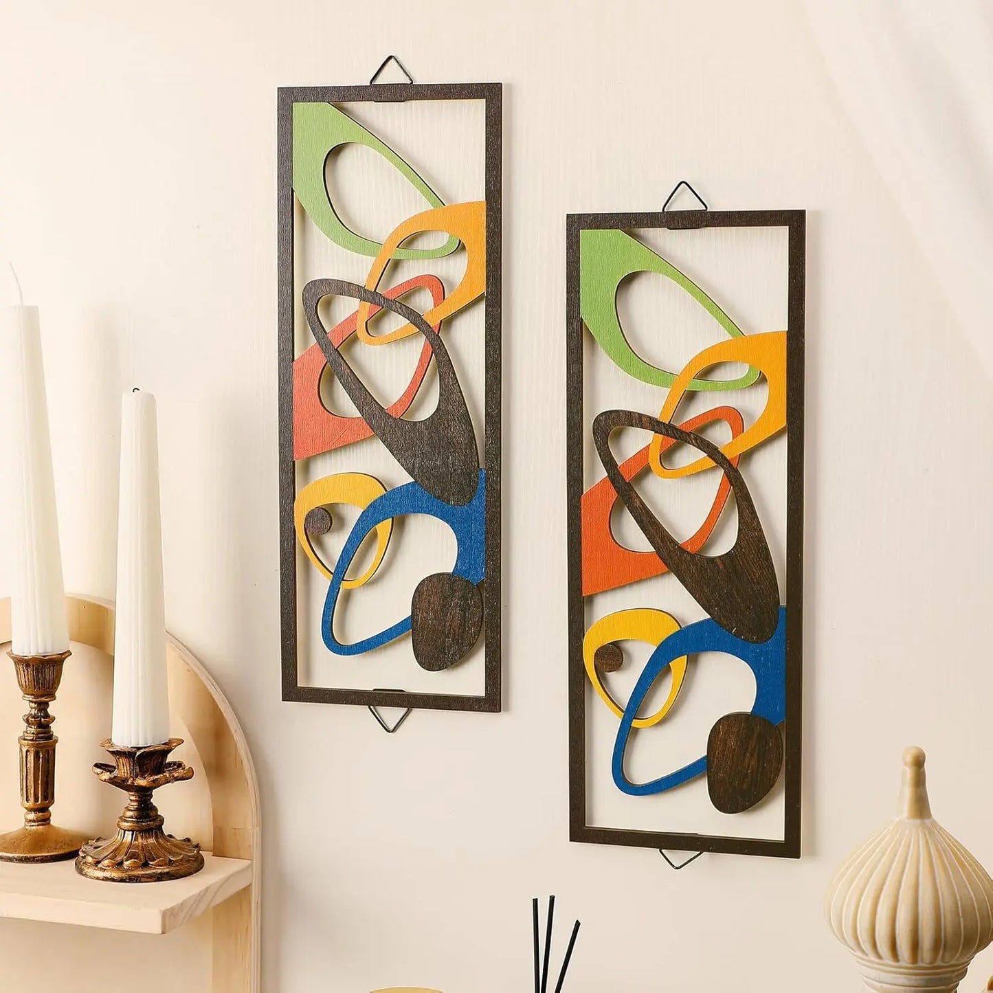 Hemasa 2Pcs 40cm Modern Decor Elegance Wall Accents Wood Abstract Decor Geometric Panels for Interior Panel Wood Art Home Living Room