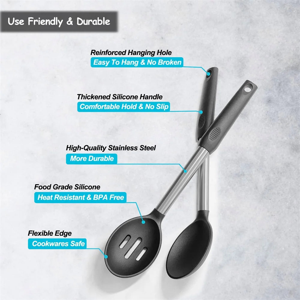 Hemasa 4 PCS Silicone Kitchen Cookware Spatula Colander Cooking Utensils /Stainless Steel Leaky Spatulas