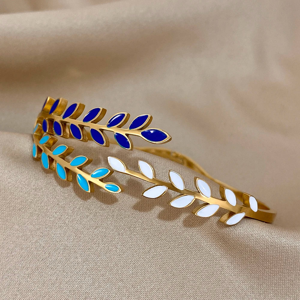 Fashion Colorful Enamel Leaves Bracelet Bangle for Women Charm 316L Stainless Steel Gold Color Bracelets Waterproof Jewelry