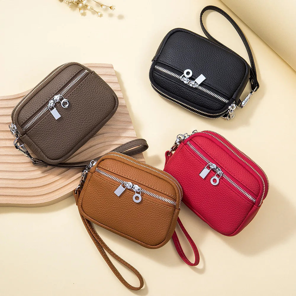 Large Capacity Women's Wallets Genuine Leather Short Coin Purse Leather Zipper Multi-function Mini Clutch Bag with Wrist Strap