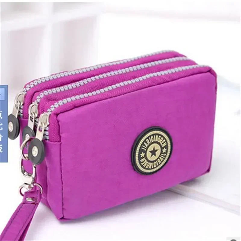 Women Three-layer Long Zipper Coin Money Pocket Purse Women's Handbag Wrist Mobile Phone Card Key Coin Bag Wallet Washable Cloth