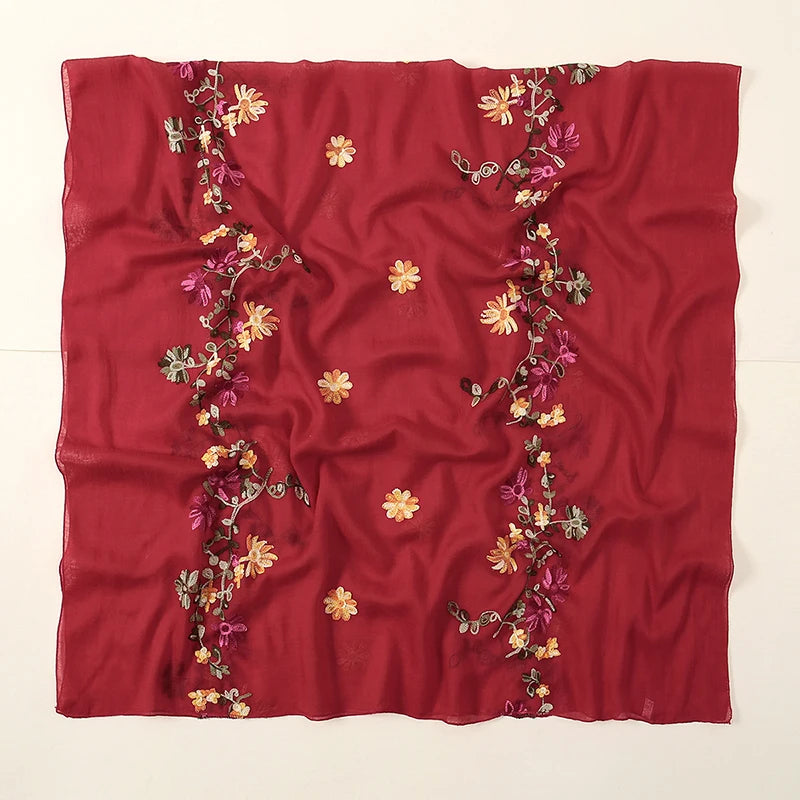Plain Flower Embroidery Hijab Scarf Viscose Muslim Hijab Shawls Women Soft Long Towel Wraps Elegant Casual Heabscarf Turban