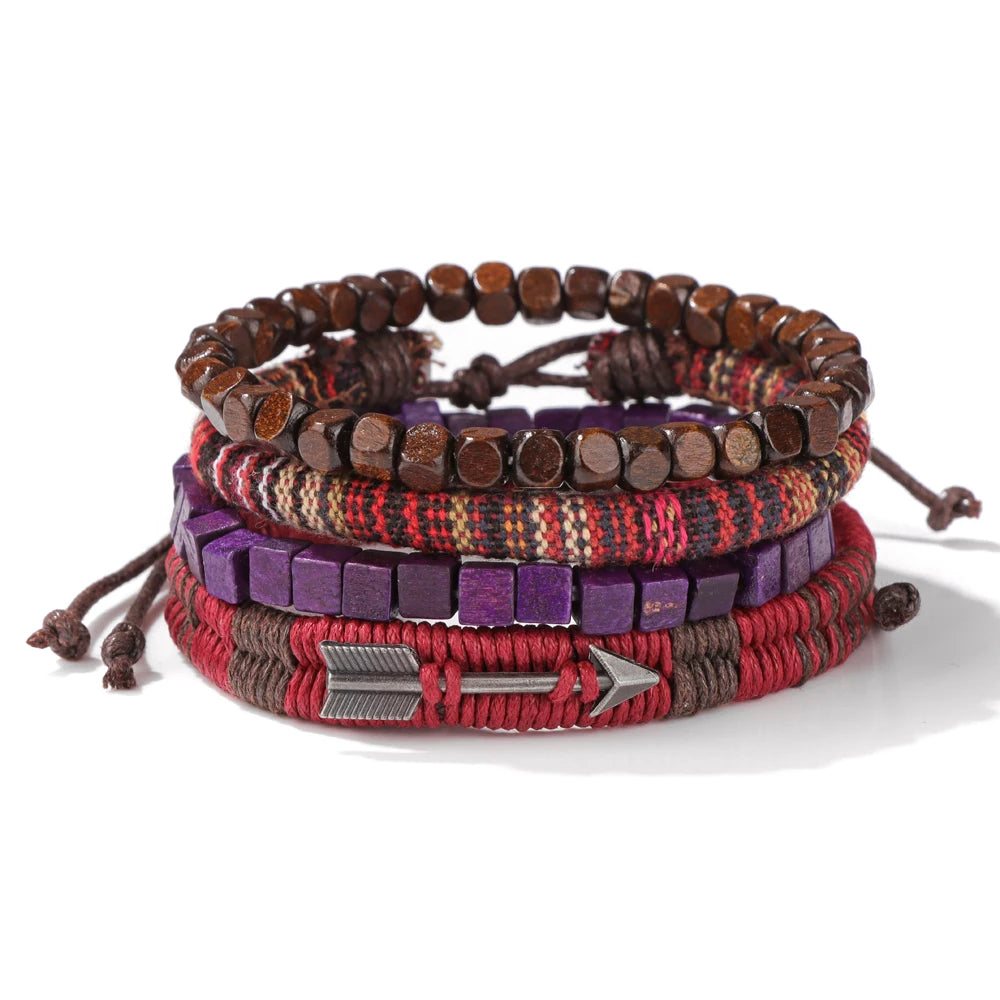 Fashion Braided Wrap Leather Bracelet Vintage Wood Beads Feather Skull Arrow Ethnic Bracelets Bangles Men Women Energy Jewelry