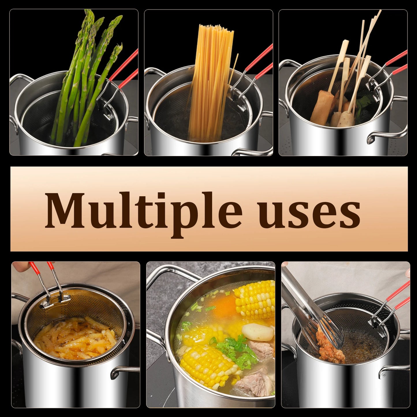 Tejesa Deep Fryer Pot Stainless Steel Fry Pot With Strainer and Lid Kitchen French Fries Chicken Cooking Tools Steaming Pot Fryer Pan