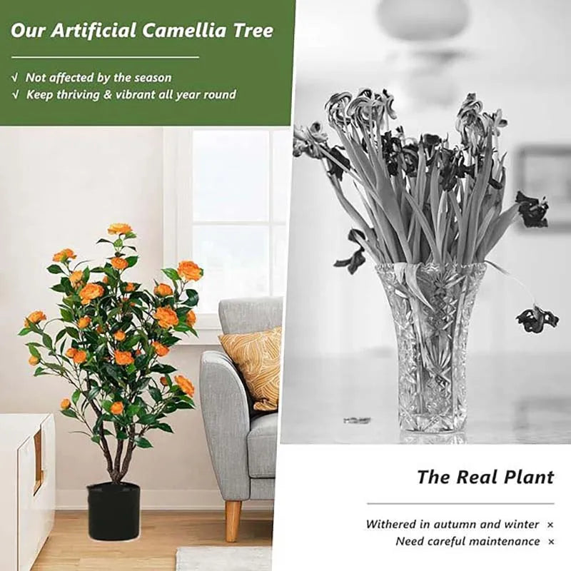 100CM Artificial Camellia Tree Artificial decorative plants For Wedding&Garden Home Room Decor Office & Living Room Floor Decor