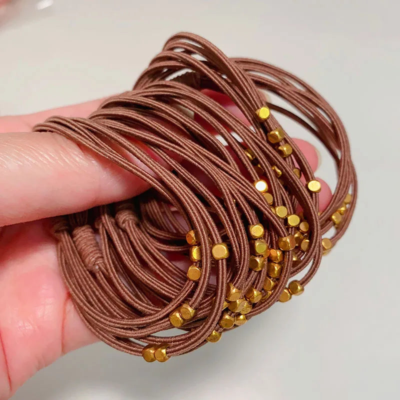 Tejesa 10PCS Korean Women Elastic Hair Rubber Bands  for Girs /Golden Plated Beads Hair Scruchies Hair Tie/Holder