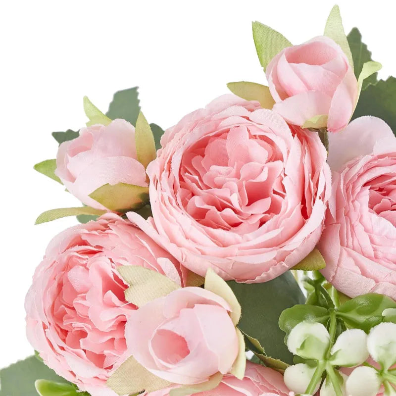 30cm Rose Pink Silk Peony Artificial Flowers Bouquet 5 Big Head and 4 Bud Cheap Fake Flowers for Home Wedding Decoration indoor