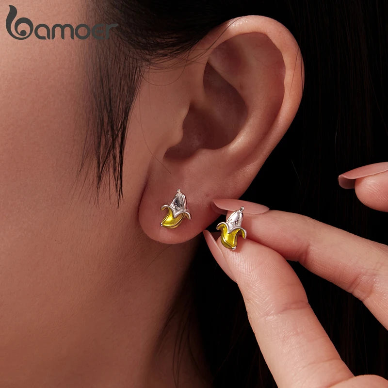 BAMOER 925 Sterling Silver Cute Banana Stud Earrings Enamel Yellow Fruit Earrings for Women Girls Funny Emotion Party Gifts