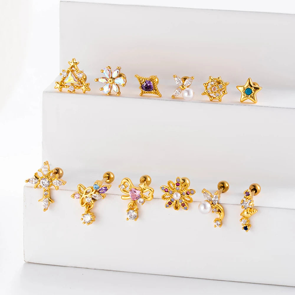 Tejesa Crystal Charm Earrings For Women Inlaid Diamond Pearl Pierce Stud