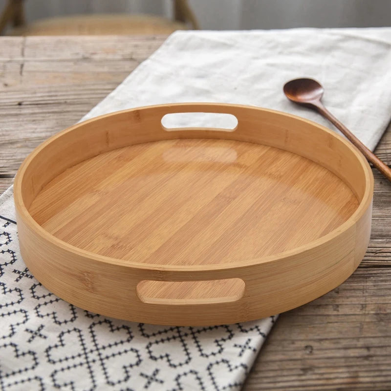 Promotion! Round Serving Bamboo Wooden Tray for Dinner Trays Tea Bar Breakfast Food Container Handle Storage Tray 3 mirror tray
