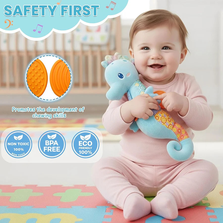 Tejesa Baby Toys 0-6 Months Infant Musical Seahorse Stuffed Animal Plush Toy with Rattle Soft Newborn Toy for 0 6 9 12 Months Baby Boys