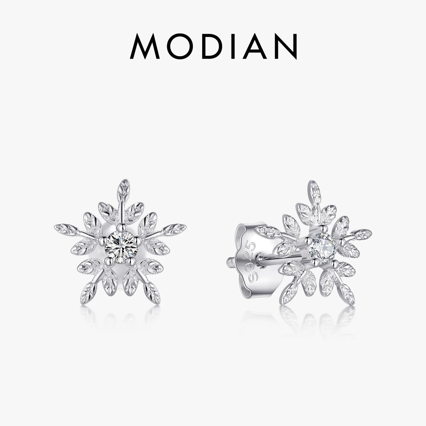 Modian Real 925 Sterling Silver White Snowflake Stud Earrings Cubic Zirconia Jewelry For Women Fashion Sterling Silver Earrings