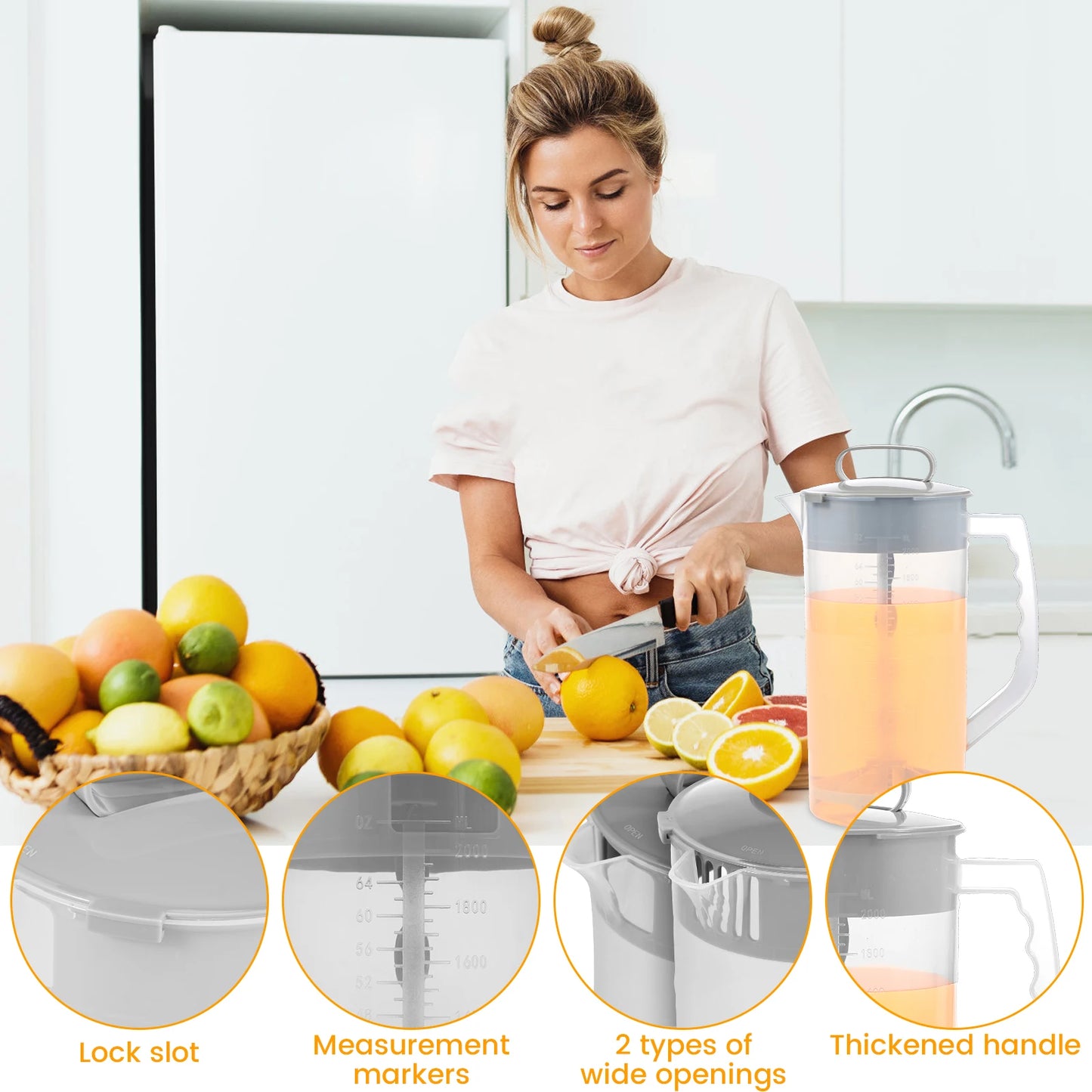 Tejesa 2L Water Kettle Mixing Pitcher Summer Juice Mixing Container Wide Mouth Pitcher Fridge DIY Beverage for Tea Milk Juice Drink Cup